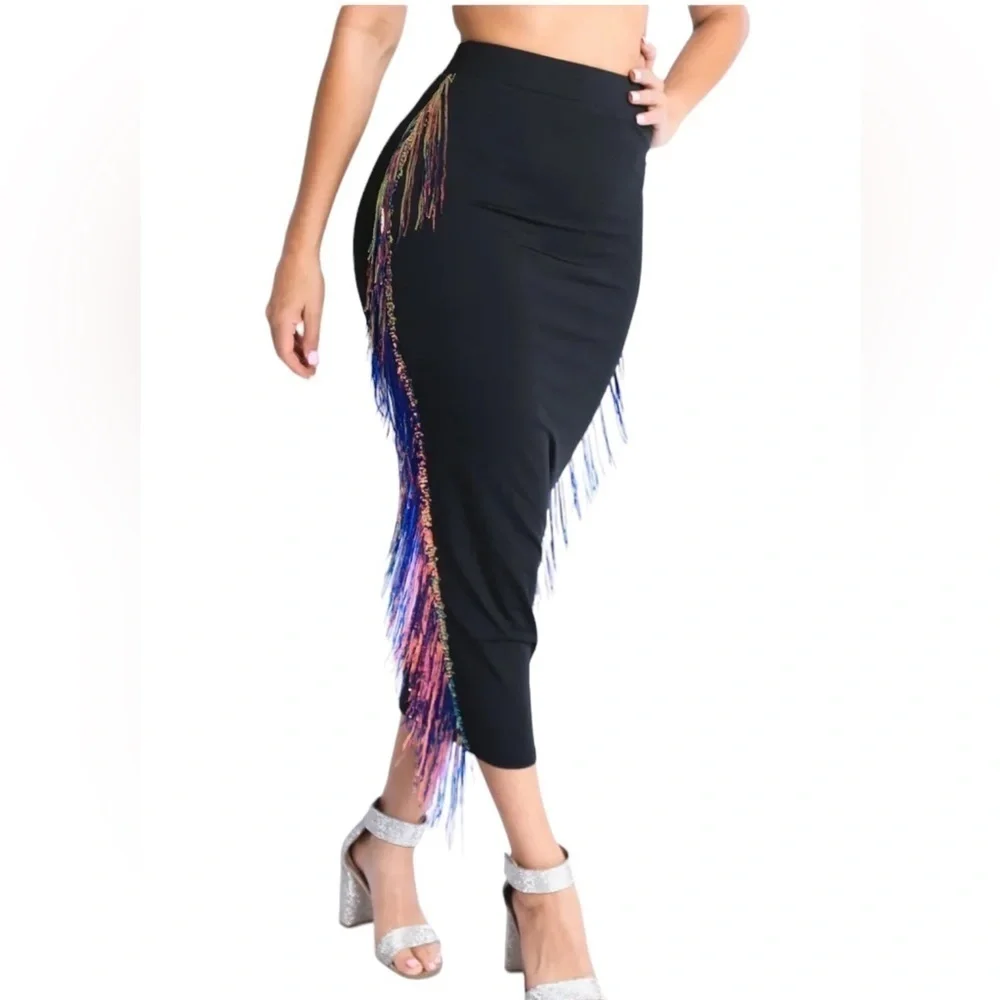 Womens High Waist Stretch Bodycon Sequins Fringe Maxi Pencil Party Skirt New